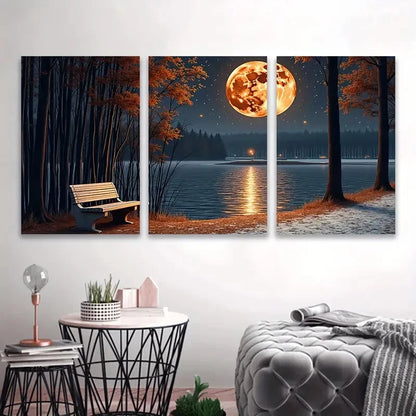 3pcs Tranquil Lake Scene with Moonlit Night Wall Art Set Canvas Framed 60x90cm - High Quality Print 100% Australian Made Wall Canvas Ready to Hang