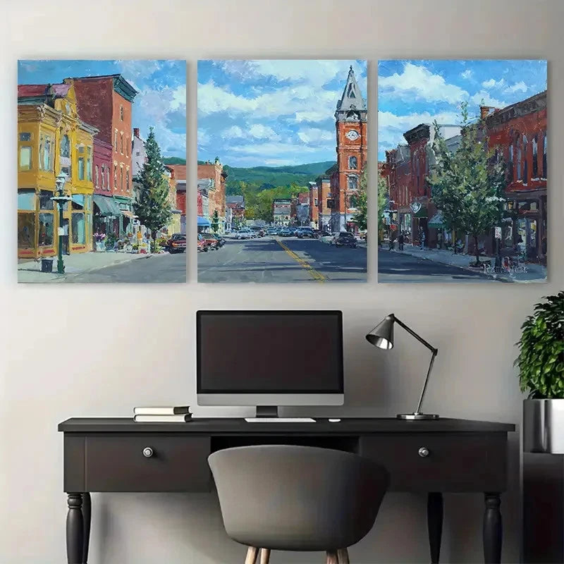 3pcs North Adams Main Street Street Perfect Wall Art Set Canvas Framed 50x70cm - High Quality Print 100% Australian Made Wall Canvas Ready to Hang
