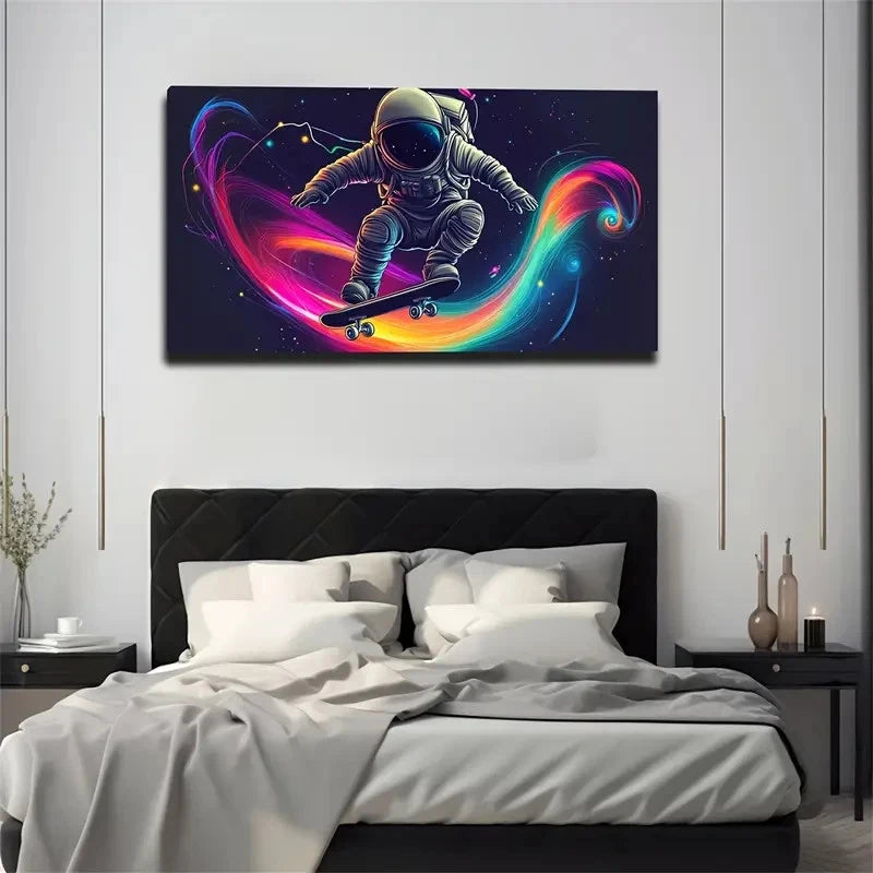 Vibrant Astronaut Skateboarding Wall Art Canvas Office Home Room Framed 120x60cm
