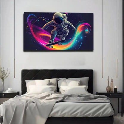 Vibrant Astronaut Skateboarding Wall Art Canvas Office Home Room Framed 120x60cm