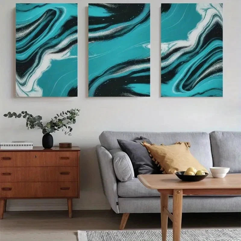 3pcs Blue Splash Abstract Waves Painting Metal Print Ready to Hang Art - Bella Home Decor