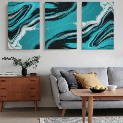 3pcs Blue Splash Abstract Waves Painting Metal Print Ready to Hang Art - Bella Home Decor