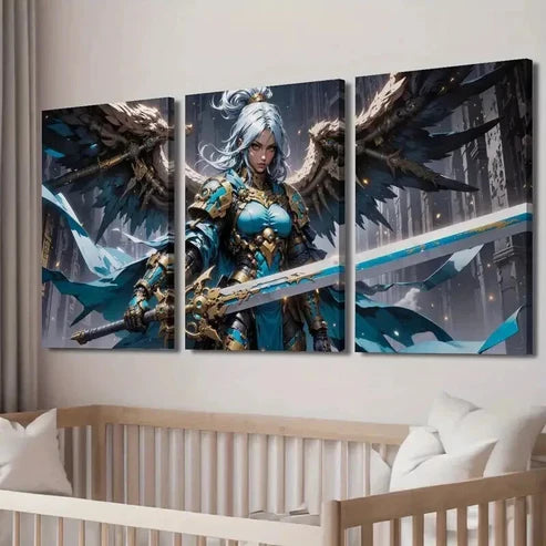 3pcs Sword Wielding Female Knight with Armor Wall Art Set Canvas Unframed - High Quality Print 100% Australian Made Wall Canvas
