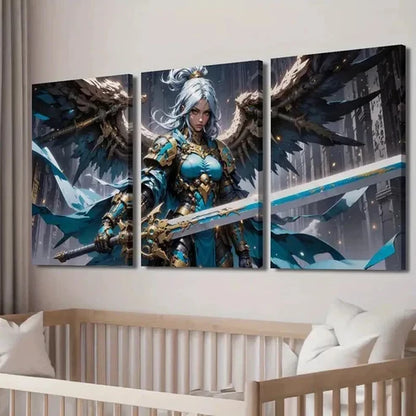 3pcs Sword Wielding Female Knight with Armor Wall Art Set Canvas Unframed - High Quality Print 100% Australian Made Wall Canvas