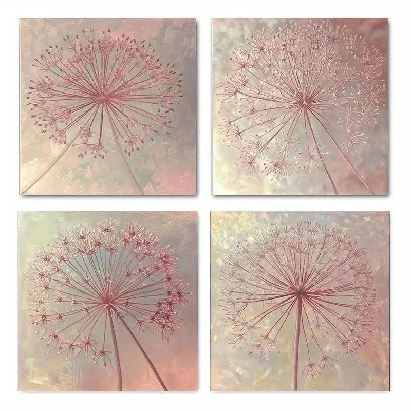 4pcs Pink Dandelion Flower Wall Art Canvas Framed