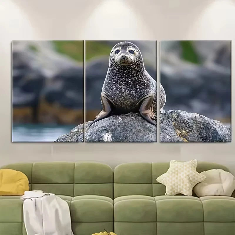 3pcs Curious Seal Perched on Rock Metal Print Ready to Hang Art - Bella Home Decor
