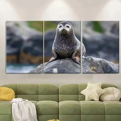 3pcs Curious Seal Perched on Rock Metal Print Ready to Hang Art - Bella Home Decor