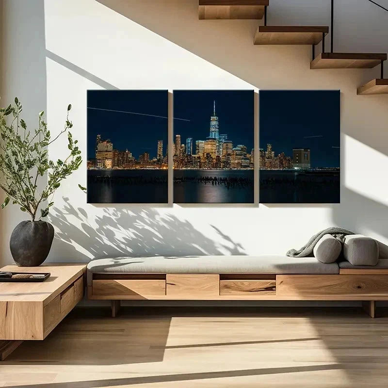 3pcs City Night View Skyline Modern Wall Art Set Canvas Framed 50x70cm - High Quality Print 100% Australian Made Wall Canvas Ready to Hang - Bella Home Decor