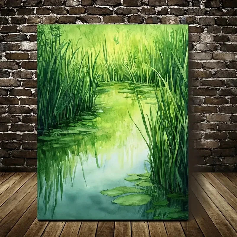 Green Water Grass Meadow Painting 40x60cm Metal Print Ready to Hang - Bella Home Decor