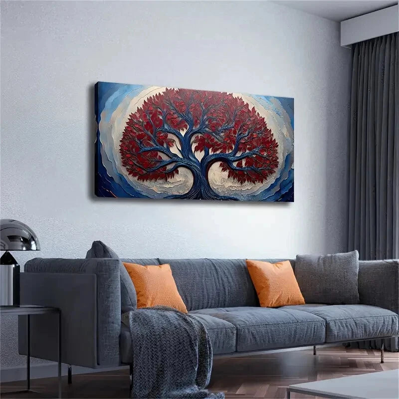 Vibrant Red Mystery Tree Design Wall Art Canvas Office Home Room Framed 120x60cm - Bella Home Decor