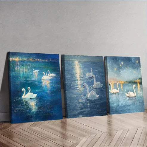 3pcs A Group Of Swans In The Water Wall Art Set Canvas Unframed - High Quality Print 100% Australian Made Wall Canvas