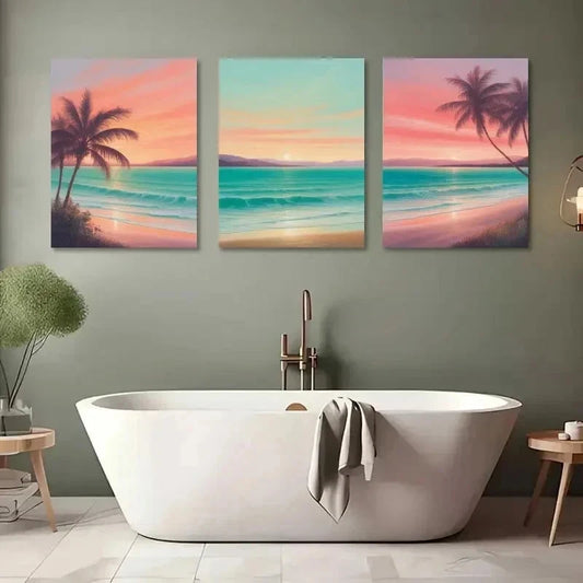 3pcs Sunset Beach & Palm Tree Wall Art Set Canvas Framed 60x90cm - High Quality Print 100% Australian Made Wall Canvas Ready to Hang