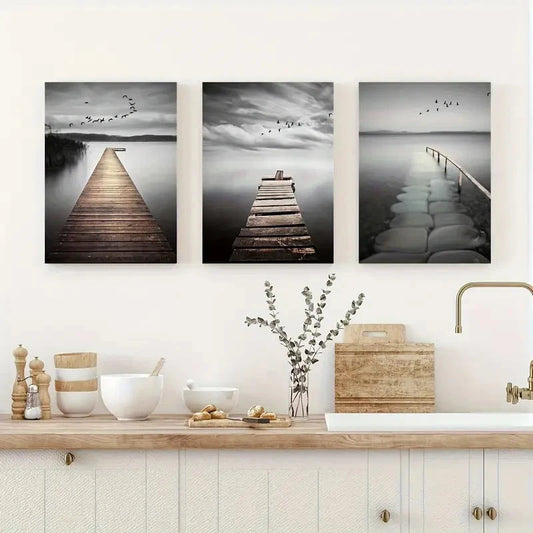 3pcs Modern Minimalist Golden River Forest Wall Art Set Canvas Framed 40x60cm - High Quality Print 100% Australian Made Wall Canvas Ready to Hang