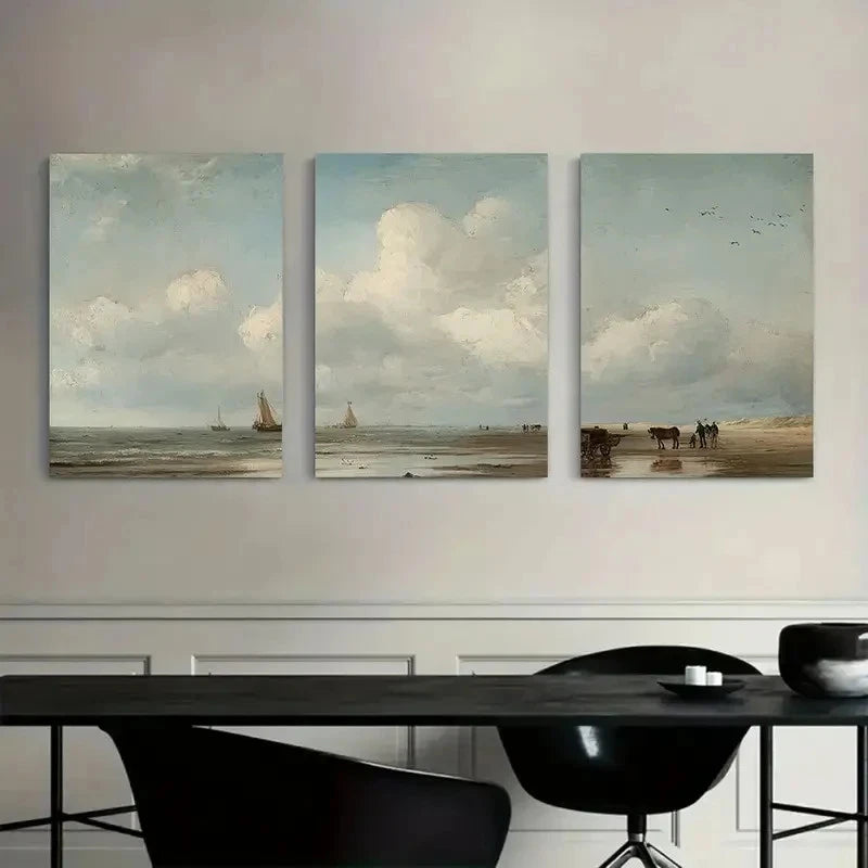 3pcs Dutch Coast with Fishing Boats Paintings Metal Print Ready to Hang Art - Bella Home Decor