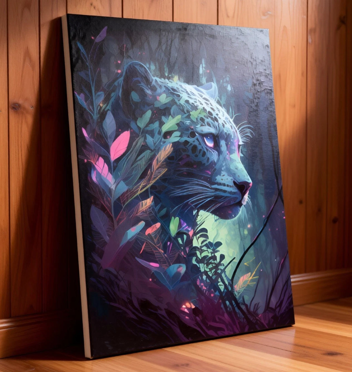 Glowing Neon Leopard Wildlife Night Forest 40x60cm Metal Print Ready to Hang