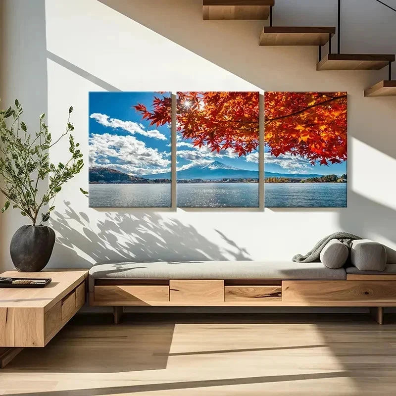 3pcs Nature Sea Mountains Maple Leaves Wall Art Set Canvas Framed 50x70cm - High Quality Print 100% Australian Made Wall Canvas Ready to Hang - Bella Home Decor