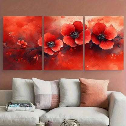 3pcs Vibrant Red Floral Textured Illustration Metal Print Ready to Hang Art - Bella Home Decor