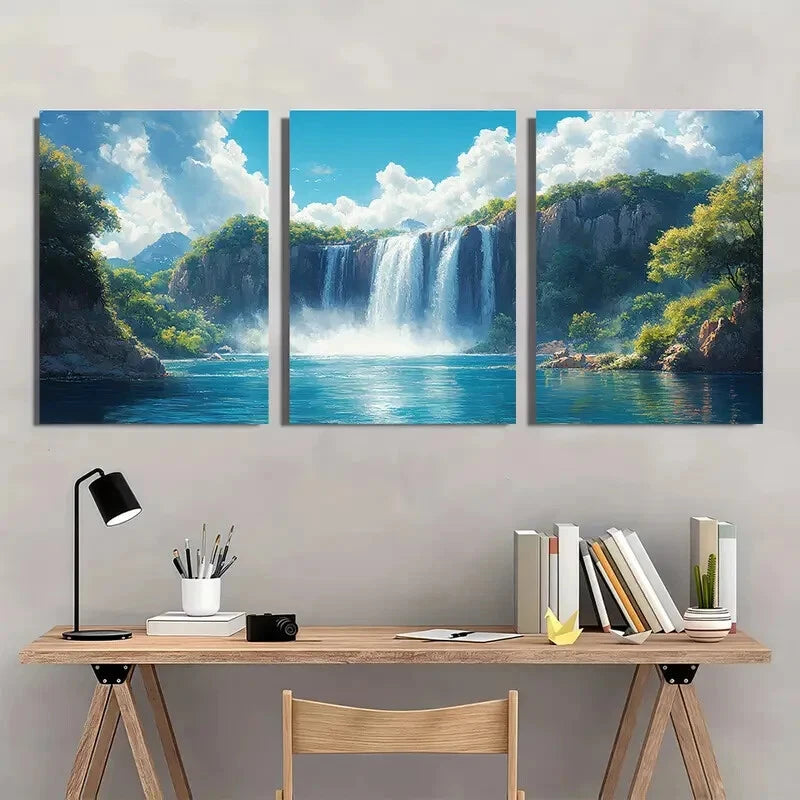 3pcs Waterfall Painting Print Art Nature Metal Print Ready to Hang Art - Bella Home Decor