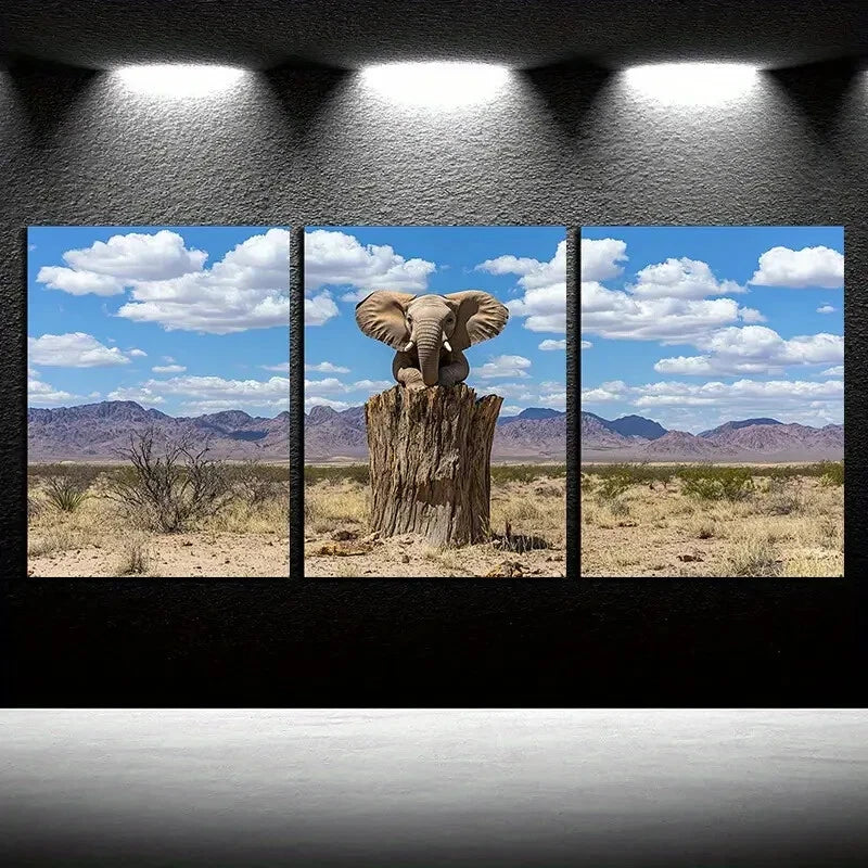 3pcs Elephant on Tree Trunk Illustration Metal Print Ready to Hang Art - Bella Home Decor