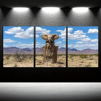 3pcs Elephant on Tree Trunk Illustration Metal Print Ready to Hang Art - Bella Home Decor