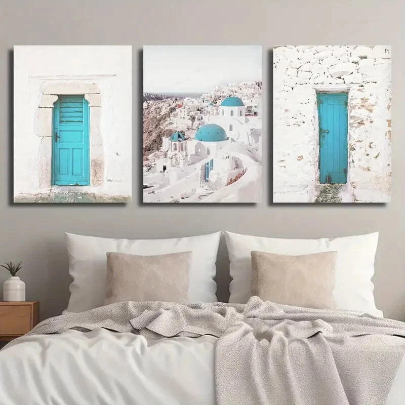 3pcs Turquoise Santorini Island Greece Blue Metal Print Ready to Hang Art