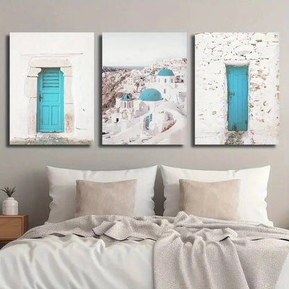 3pcs Turquoise Santorini Island Greece Blue Metal Print Ready to Hang Art