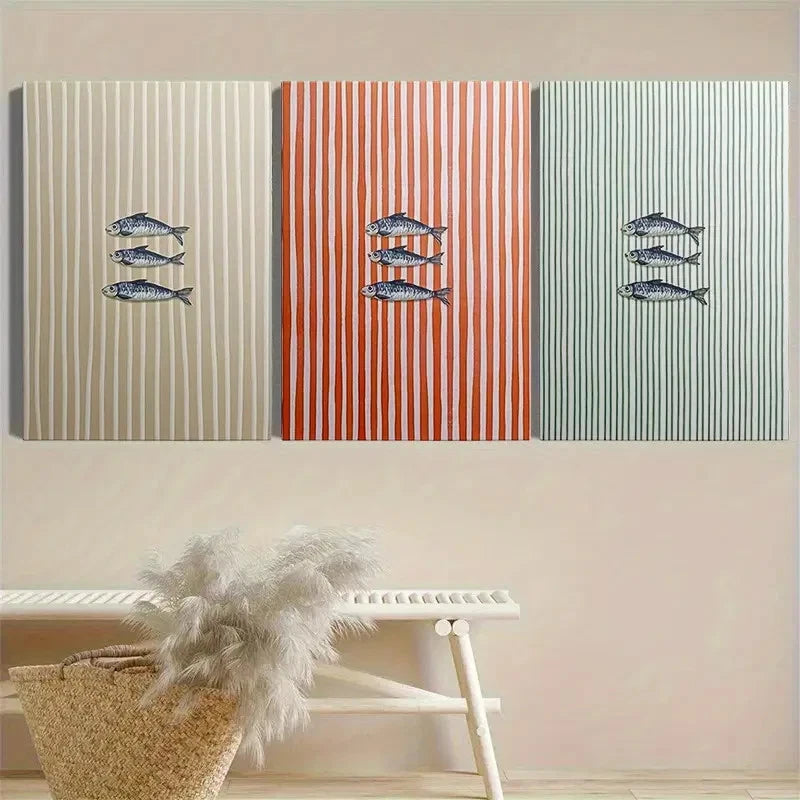 3pcs Rosemary Sage & Coral Stripes Watercolor Metal Print Ready to Hang Art - Bella Home Decor