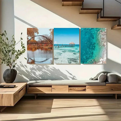 3pcs Rustic Bridge & Autumn Trees Metal Print Ready to Hang Art