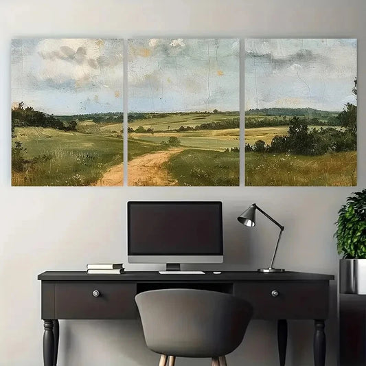 3pcs Green Meadow Rustic and Scenic Hills Metal Print Ready to Hang Art