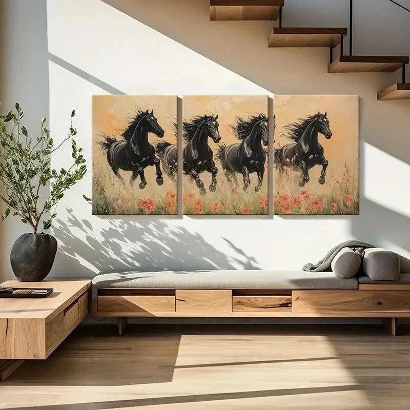 3pcs Black Horses Running Floral Field Abstract Metal Print Ready to Hang Art - Bella Home Decor