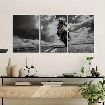 3pcs Black & White Motor Cyclist Art Painting Metal Print Ready to Hang Art - Bella Home Decor