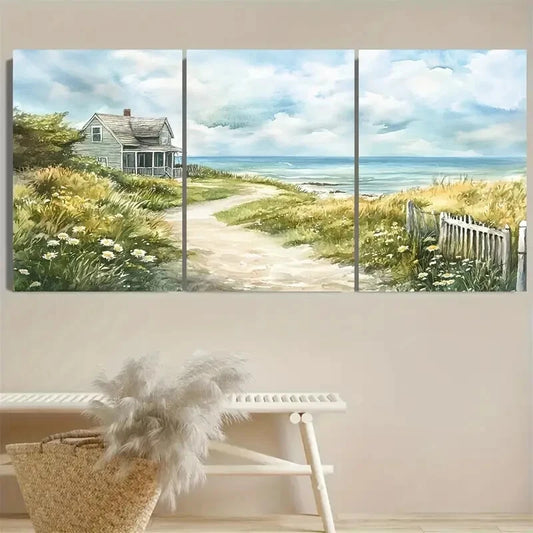 3pcs Cape Cod Seaside Garden Path Coastal Beach Metal Print Ready to Hang Art