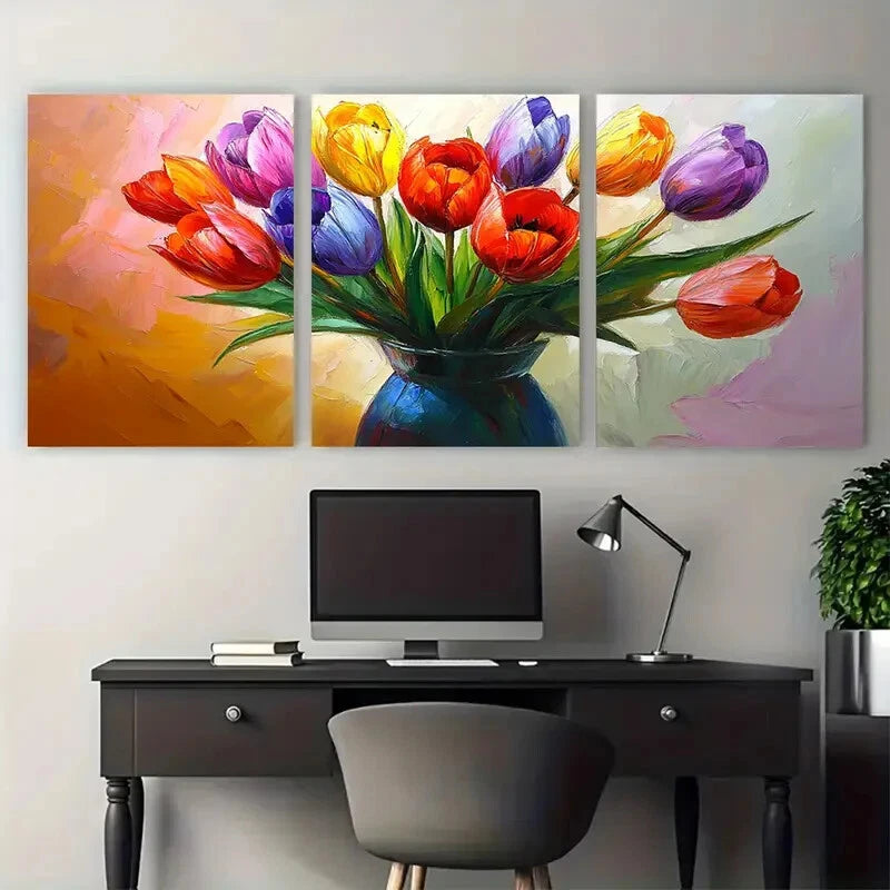 3pcs Vibrant Tulips in Blue Vase Illustration Metal Print Ready to Hang Art - Bella Home Decor