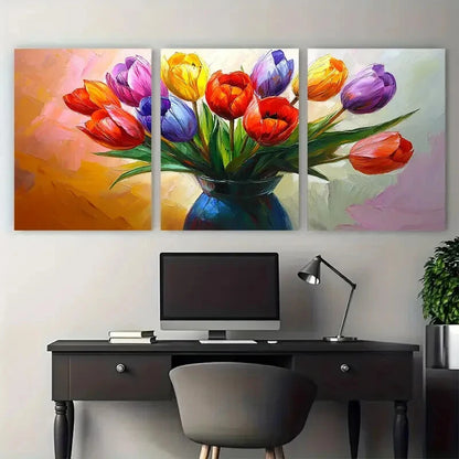 3pcs Vibrant Tulips in Blue Vase Illustration Metal Print Ready to Hang Art - Bella Home Decor