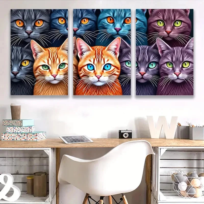 3pcs Vibrant Cat Colorful Feline   Wall Art Set Canvas Framed 50x70cm - High Quality Print 100% Australian Made Wall Canvas Ready to Hang