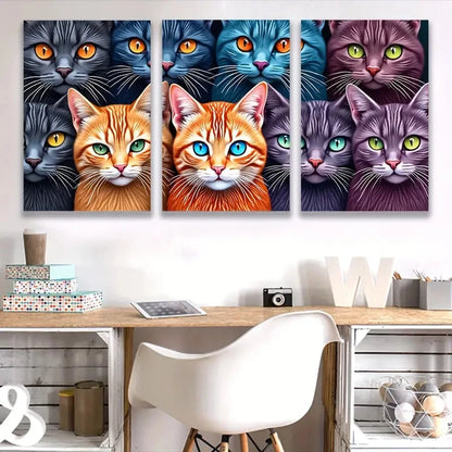 3pcs Vibrant Cat Colorful Feline   Wall Art Set Canvas Framed 50x70cm - High Quality Print 100% Australian Made Wall Canvas Ready to Hang
