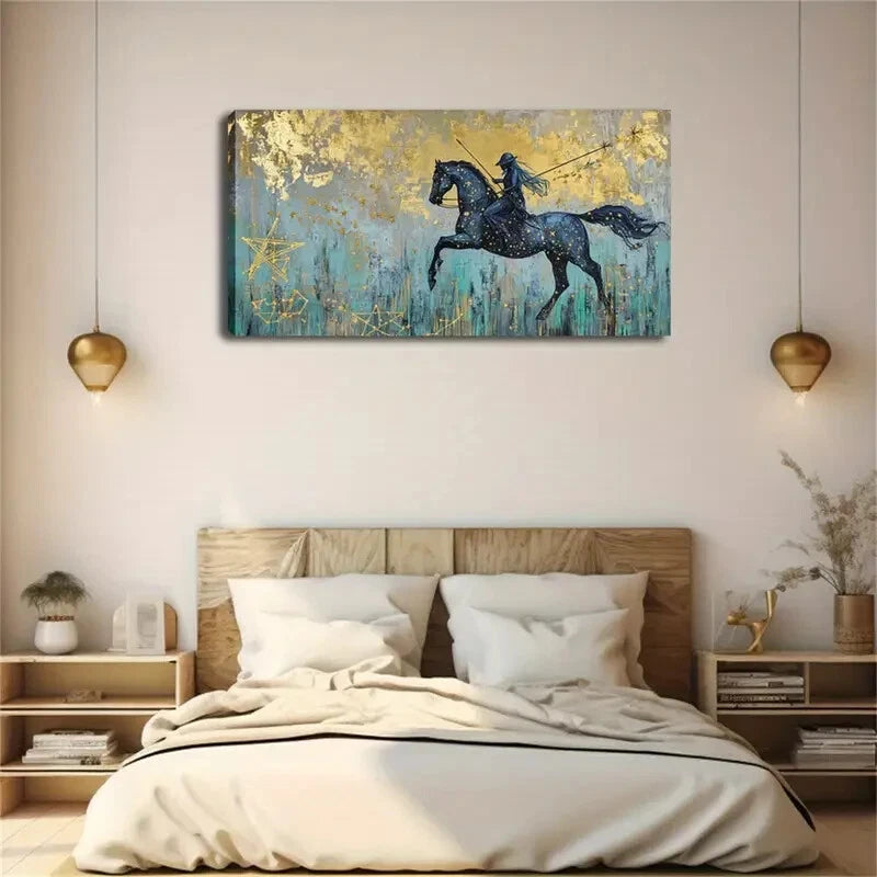 Rider on Black Horse Golden Wall Art Canvas Office Home Room Framed 120x60cm - Bella Home Decor