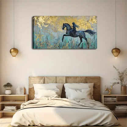 Rider on Black Horse Golden Wall Art Canvas Office Home Room Framed 120x60cm - Bella Home Decor