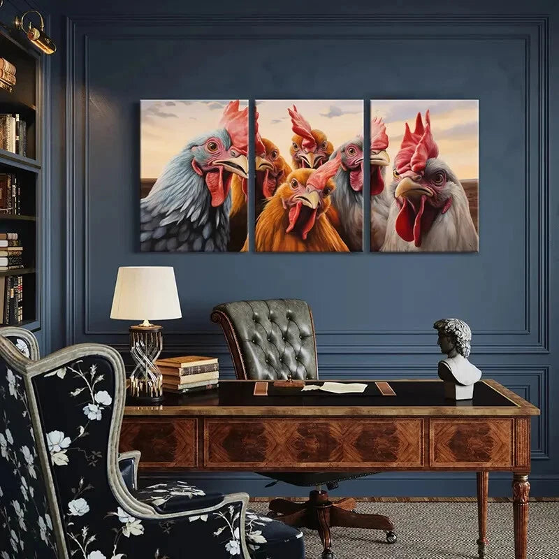 3pcs Roosters Colorful Feathers Sunset Sky Metal Print Ready to Hang Art - Bella Home Decor