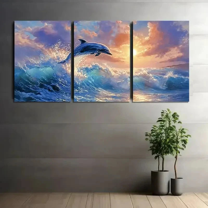 3pcs Dolphin Leaping from Water Painting Metal Print Ready to Hang Art - Bella Home Decor
