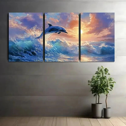 3pcs Dolphin Leaping from Water Painting Metal Print Ready to Hang Art - Bella Home Decor