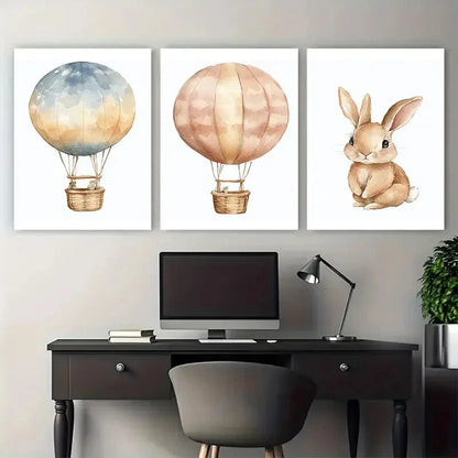 3pcs Cute Bunny Hot Air Balloon Nursery Design Metal Print Ready to Hang Art - Bella Home Decor