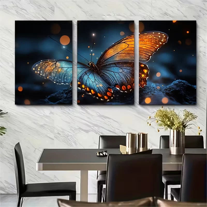 3pcs Vibrant Orange & Blue Butterflies Metal Print Ready to Hang Art