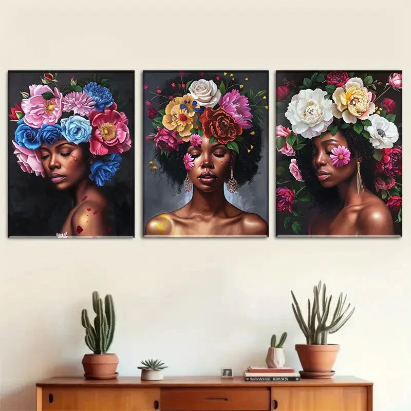3pcs Floral Crown Woman Stunning Portrait Metal Print Ready to Hang Art - Bella Home Decor
