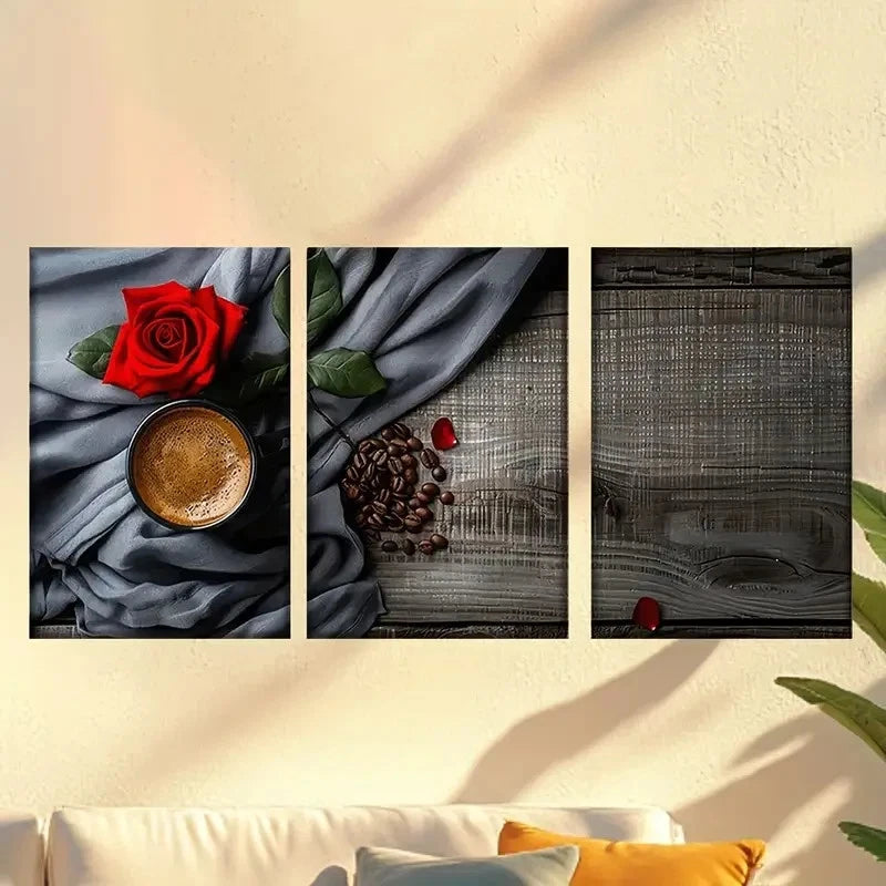 3pcs Charming roses and coffee Wall Art Set Canvas Framed 50x70cm - High Quality Print 100% Australian Made Wall Canvas Ready to Hang - Bella Home Decor