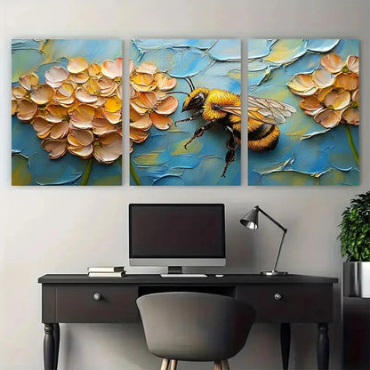 3pcs Vibrant Bee & Clover Flowers Meadow Scene Metal Print Ready to Hang Art - Bella Home Decor