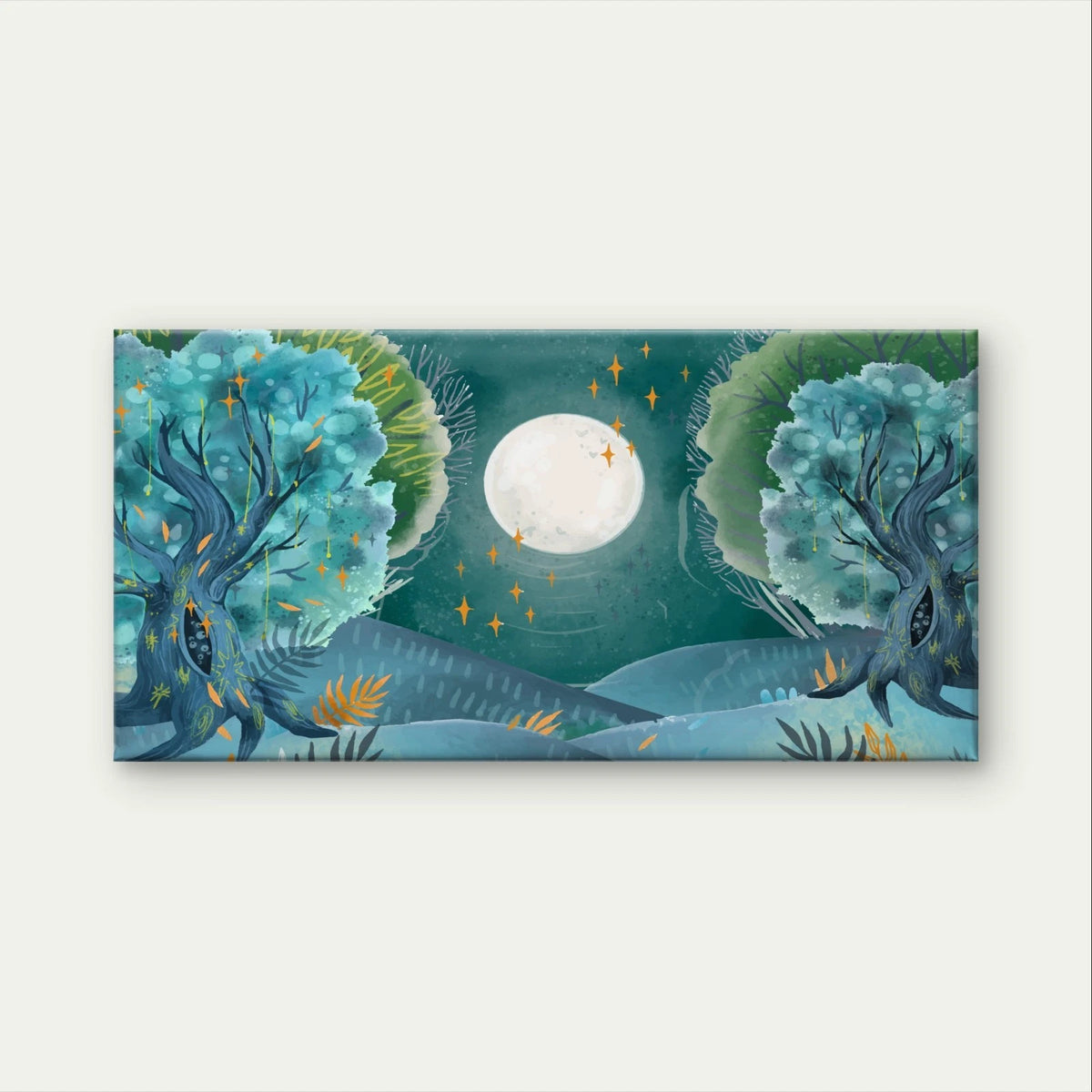 Magical Forest with Full Moon Wall Art Canvas Office Home Framed 120x60cm