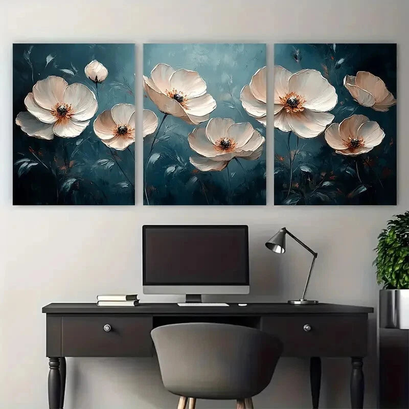 3pcs White Floral Abstract Modern Textured Metal Print Ready to Hang Art - Bella Home Decor