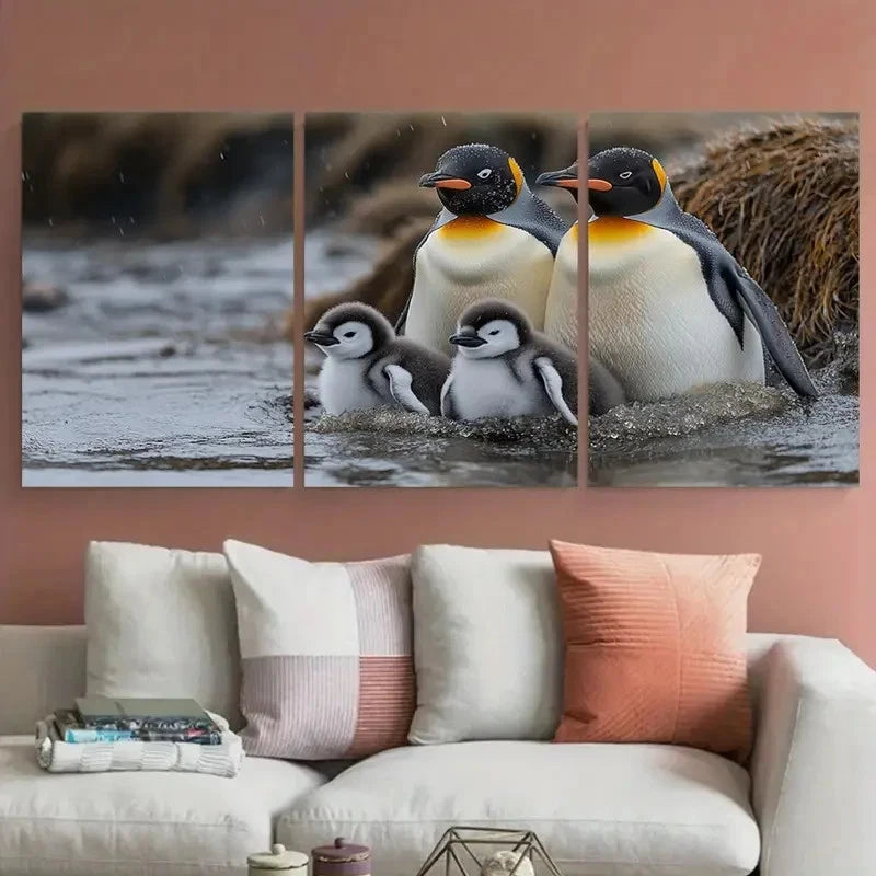 3pcs King Penguin Falkland Island Fluffy Chicks Metal Print Ready to Hang Art - Bella Home Decor