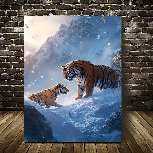 Dreamlike Tiger Scene on Snowy Mountain Painting 40x60cm Metal Print Ready to Hang - Bella Home Decor